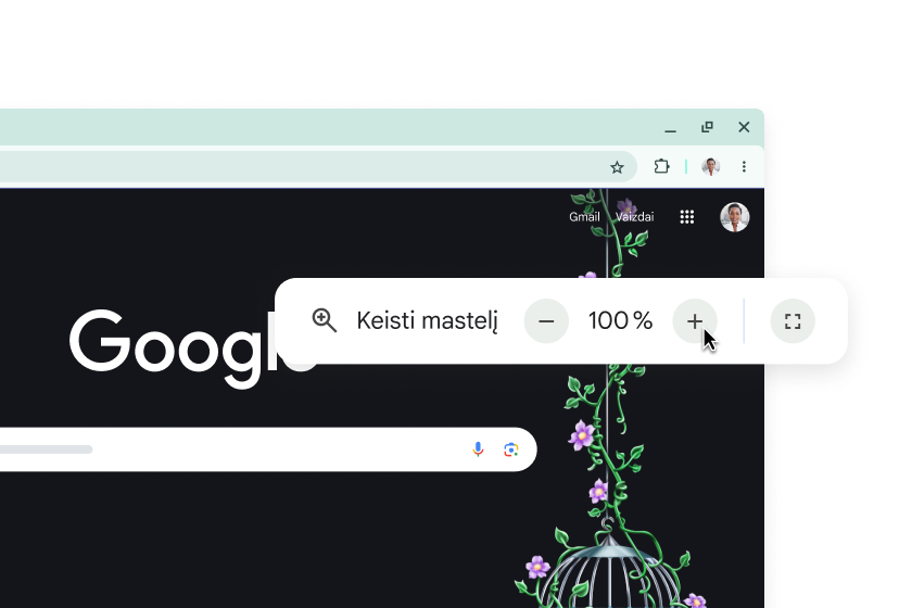 „Google“ pagrindinis puslapis ir iššokantysis langas su 100 % mastelio keitimu