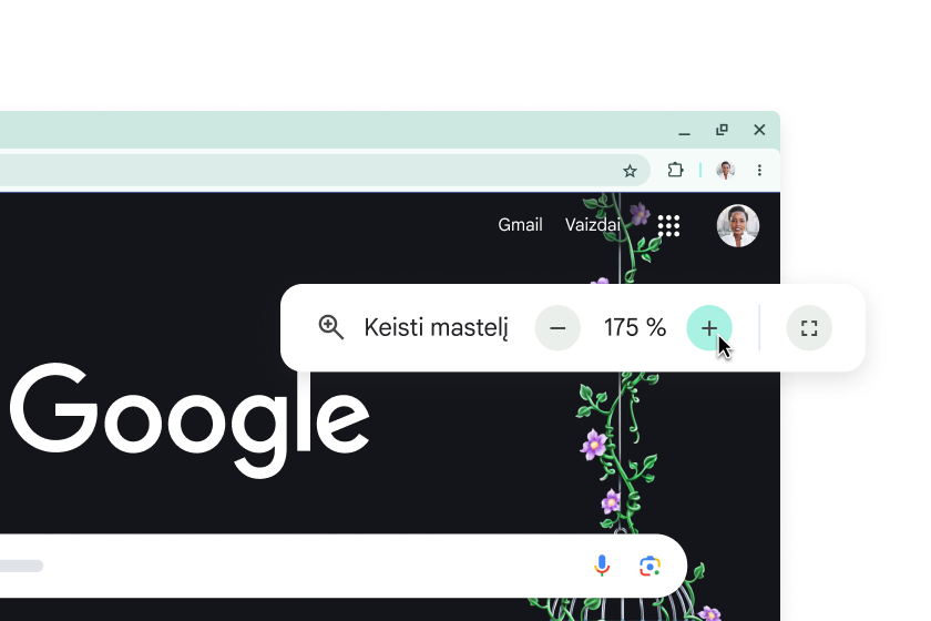 „Google“ pagrindinis puslapis su padidintais elementais ir iššokantysis langas su 175 % mastelio keitimu