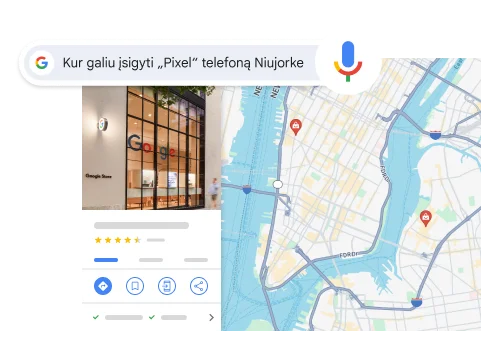 Balsu ieškoma pagal užklausą „Kur Niujorke galiu įsigyti „Pixel“ telefoną“ ir pateikiamas rezultatas – „Google“ parduotuvė Niujorke.