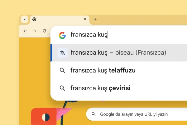 Google arama sayfasında bir kuş resmi, 'Bird in French' (Fransızca kuş) araması ve 'oiseau' sonucu gösteriliyor.